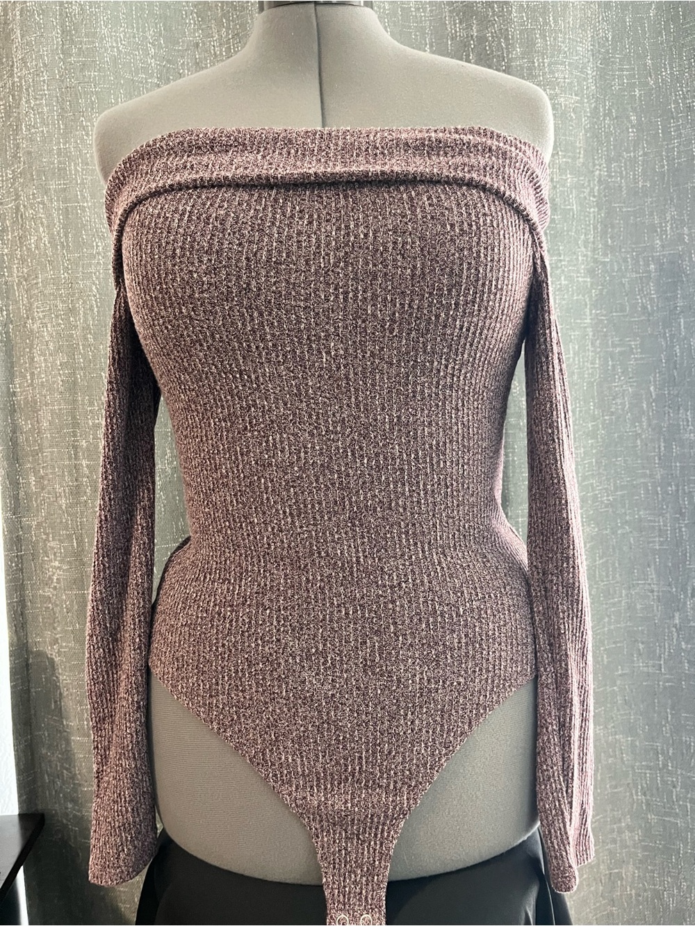 Off-Shoulder Long Sleeve Sweater Bodysuit in Mauve